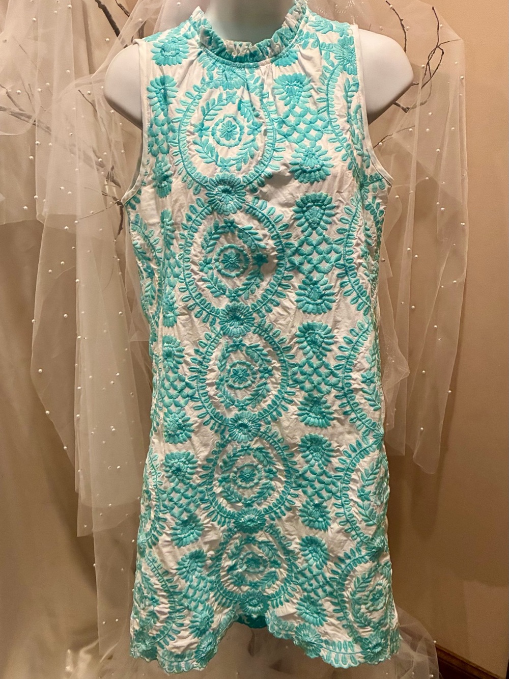 Women's Sleeveless Embroidered Shift Dress - White & Aqua - Picture 1 of 5